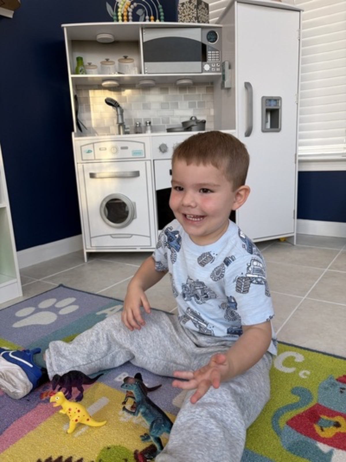 Child playing with toy animals in the classroom