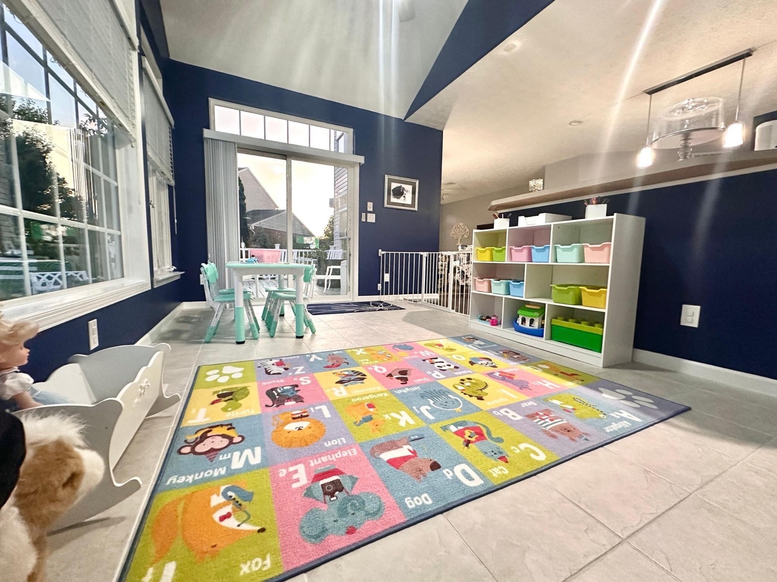 Wide view of the bright Cottontail classroom and play area